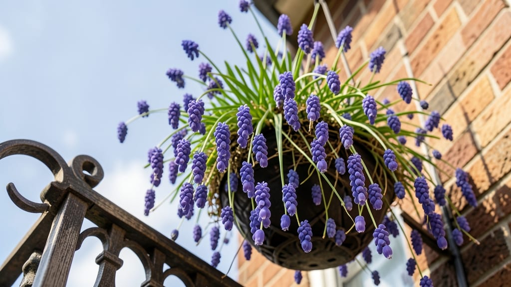 Grape Hyacinths in Hanging Baskets