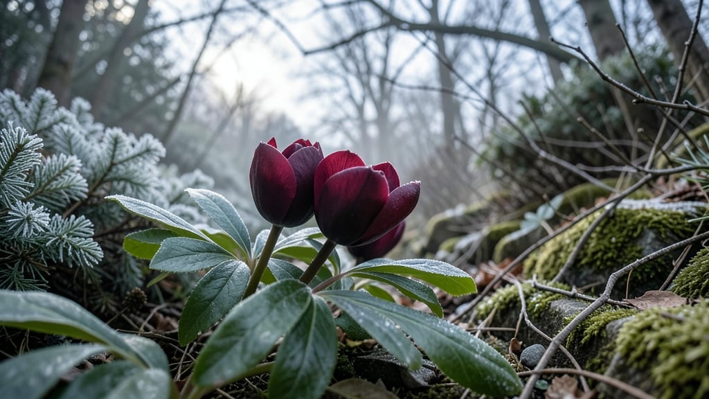 Christmas Rose: Dark Green Foliage with Maroon Blooms